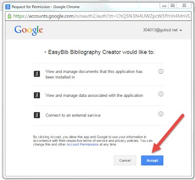 Google permissions box, accept is highlighted with an arrow